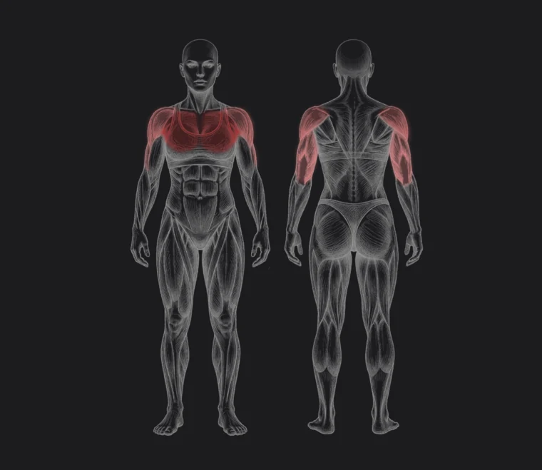 Female front and back body figures with the chest and shoulders shaded red