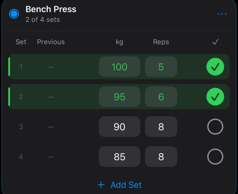 A Bench Press set being logged, two of four sets complete